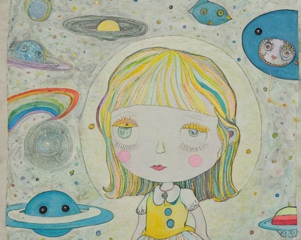 Whimsical Illustration of Girl in Cosmic Setting