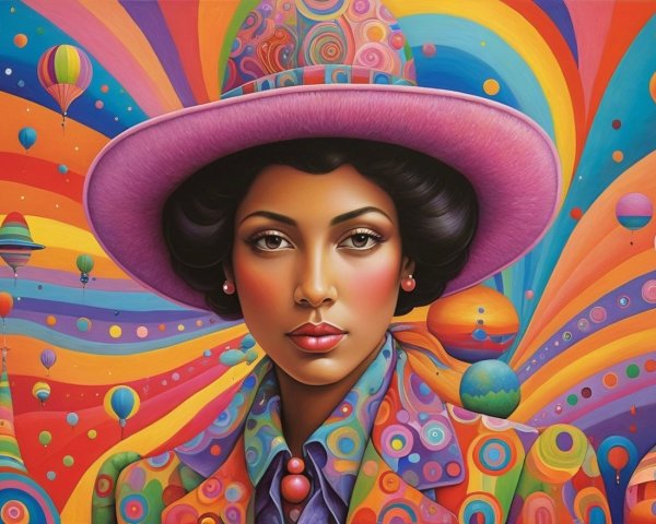 Vibrant Psychedelic Artwork of a Woman in Pink Hat