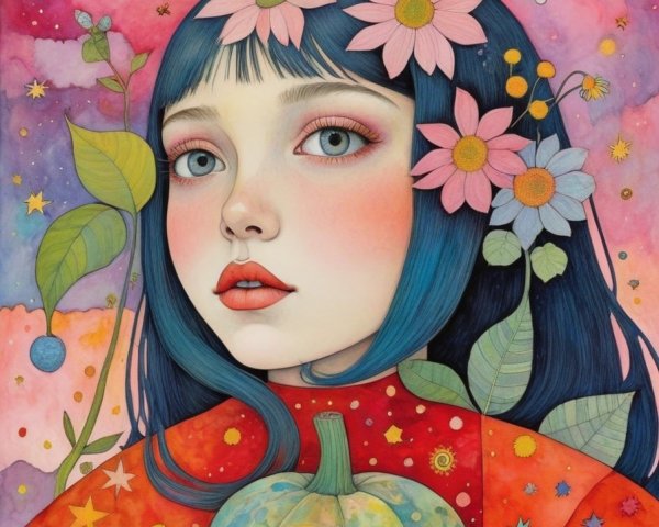 Whimsical Illustration of a Girl with Blue Hair and Pumpkin