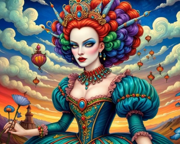 Regal figure in teal gown with vibrant hairstyle and crown