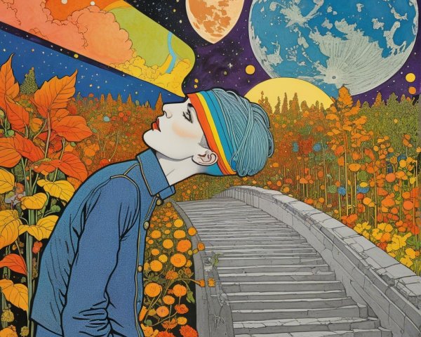 Surreal Scene of Colorful Figure in Autumn Foliage