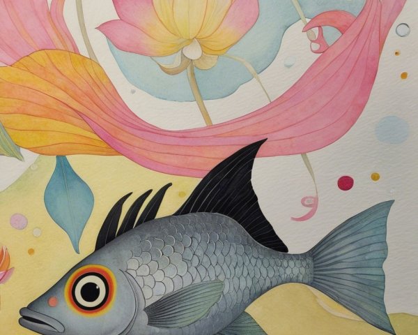 Whimsical Watercolor of Fish in Lotus Flower Scene