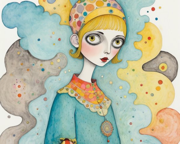 Whimsical Woman Illustration with Colorful Details