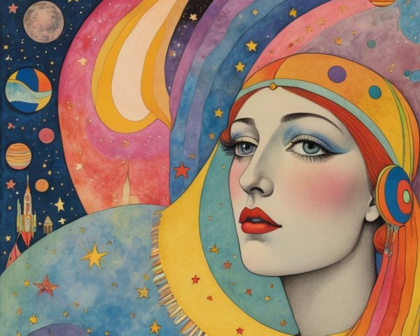 Celestial Woman in Colorful Cosmic Universe Scene