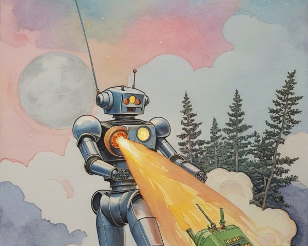 Whimsical Scene of a Towering Silver Robot in Flight