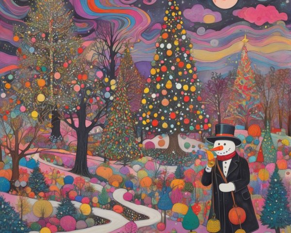 Whimsical Winter Scene with Colorful Christmas Trees