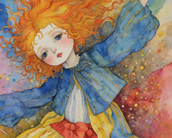 Whimsical Girl with Orange Hair in Watercolor Painting