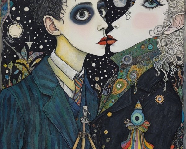 Stylized Figures in Cosmic Backdrop with Vibrant Colors