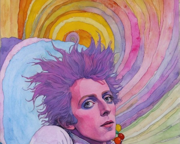 Whimsical Portrait with Purple Hair and Psychedelic Colors