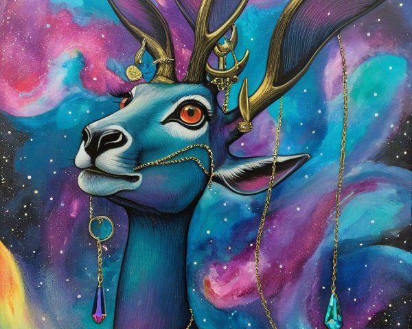 Vibrant Fantasy Creature with Gold Antlers and Chains