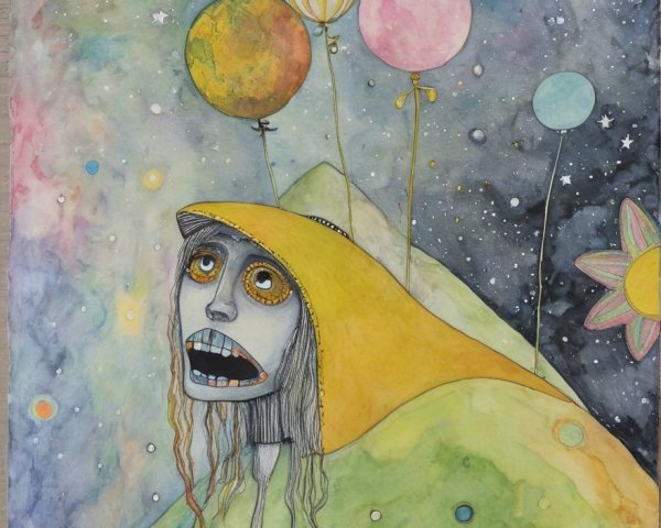 Surreal Landscape with Exaggerated Figure and Balloons