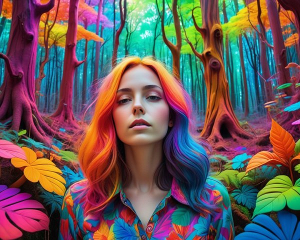 Surreal Forest Scene with Colorful Hair and Foliage