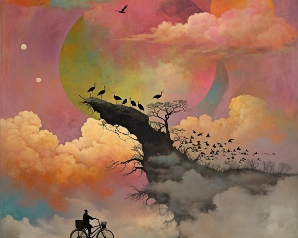 Surreal Landscape with Bicycle and Colorful Celestial Bodies
