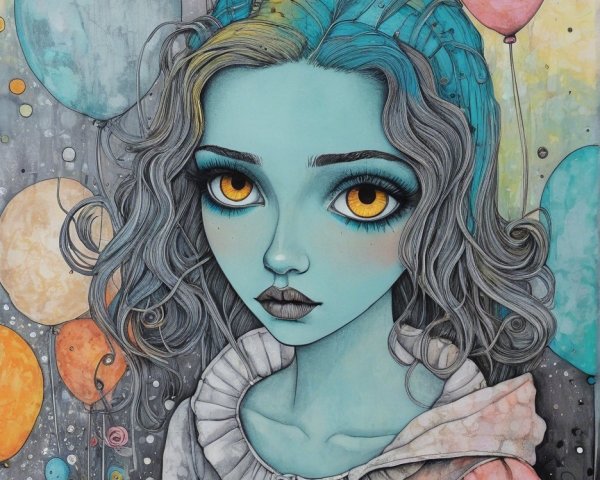 Digital Painting of a Girl with Blue Skin and Balloons