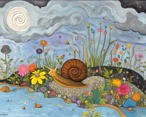 Whimsical Watercolor of Moonlit Garden with Snail