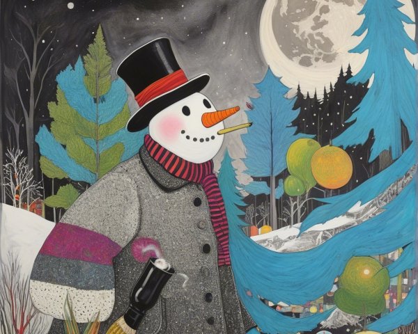 Whimsical Snowman in Vibrant Scarf Against Night Sky