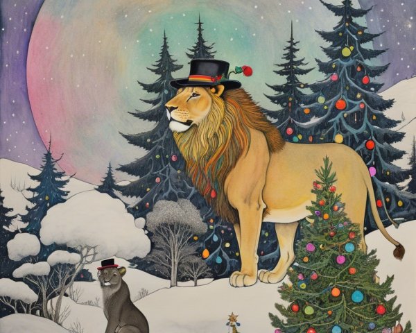 Regal Lion and Playful Panther in Winter Wonderland