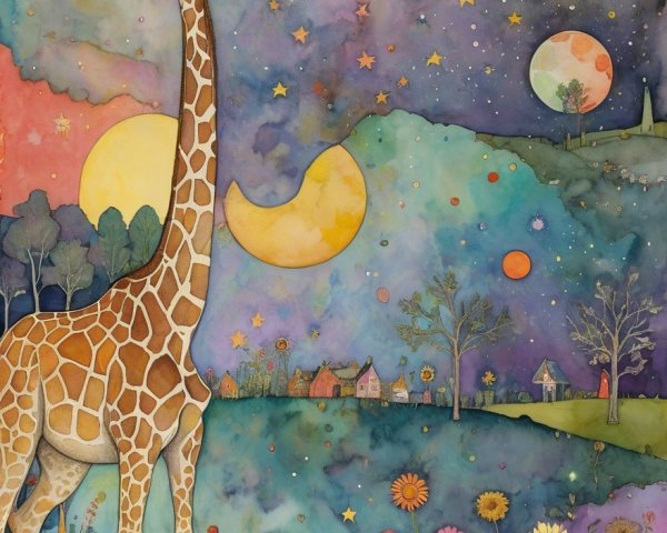 Giraffe in a Colorful Landscape with Celestial Elements
