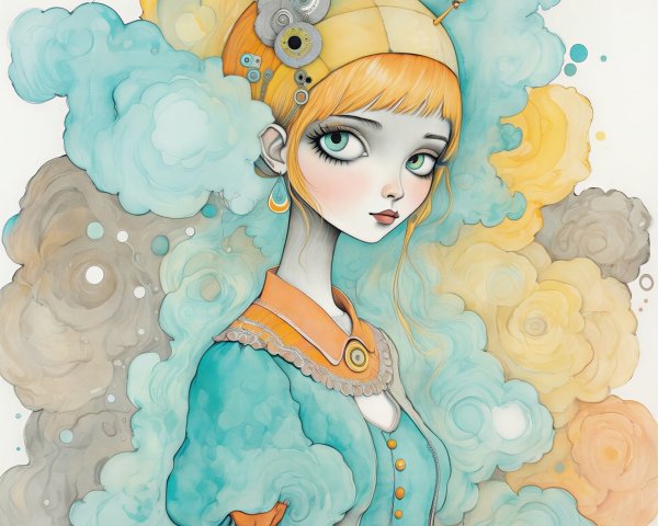 Watercolor Portrait of a Young Woman with Unique Features