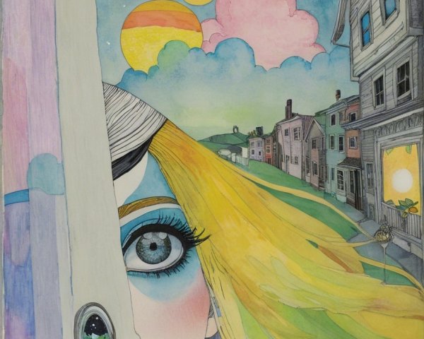 Whimsical Illustration of a Girl at a Doorway