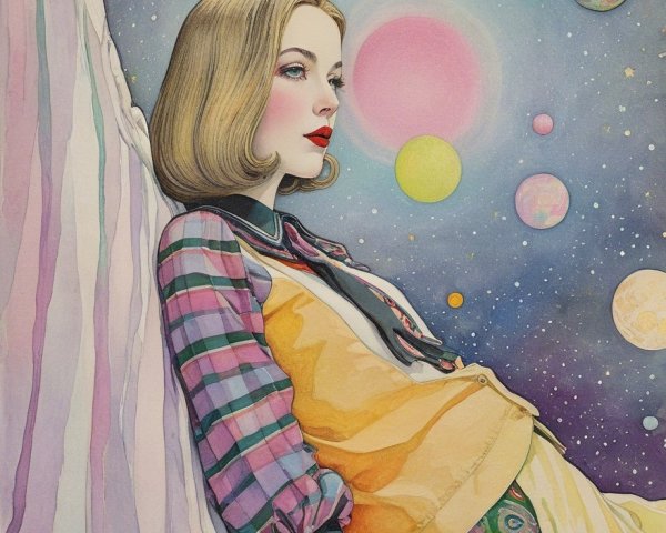 Contemplative Woman in Colorful Outfit Against Cosmic Wall