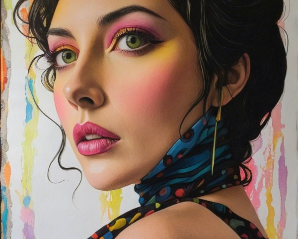 Vibrant Portrait of a Woman with Bold Makeup and Colors
