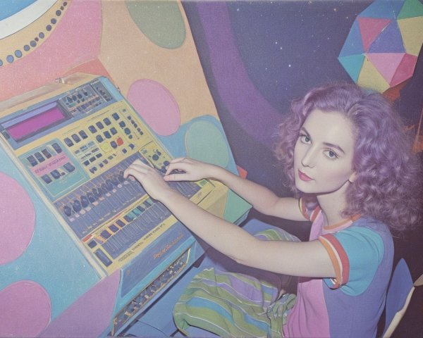 Young woman with pastel hair at vintage synthesizer