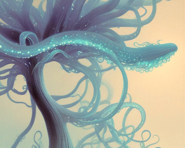 Whimsical Tree with Light-Blue Tentacle Features