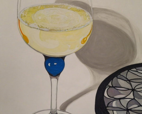 White Wine Glass with Blue Decorative Element and Shadow