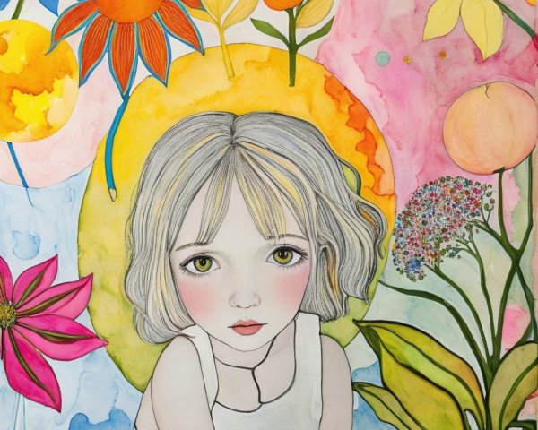 Whimsical Watercolor of Girl Surrounded by Flowers