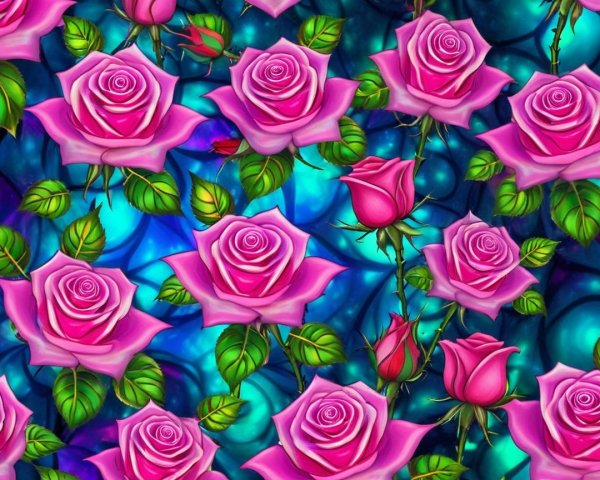Lush Pink Roses on Deep Blue and Teal Background
