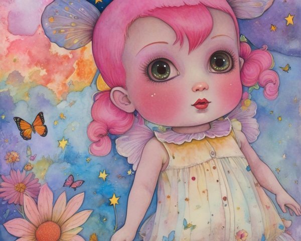 Whimsical Watercolor Fairy Girl with Floral Background