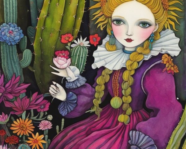 Whimsical Girl in Purple Gown Surrounded by Flowers