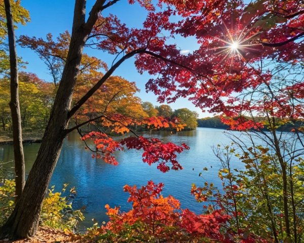 Serene lake surrounded by vibrant autumn foliage
