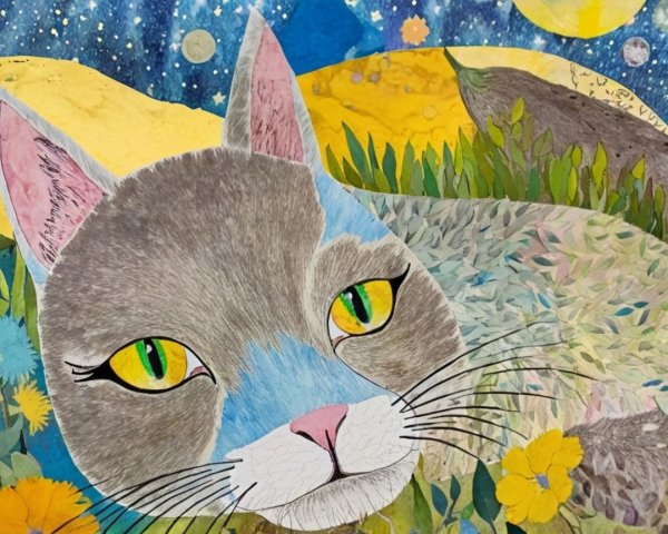 Whimsical Cat Illustration in a Colorful Meadow Scene