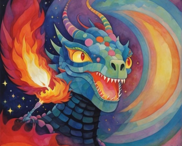 Cartoonish dragon in vibrant, mystical background