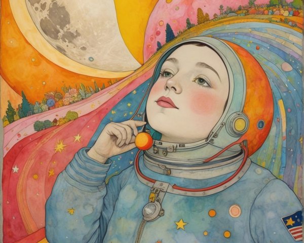 Young Astronaut in Cosmic Scene with Planet and Moon