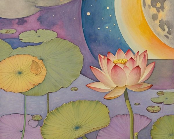Serene Pond with Lotus Flowers and Celestial Bodies