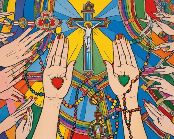 Colorful Geometric Patterns with Hands and Rosary Beads