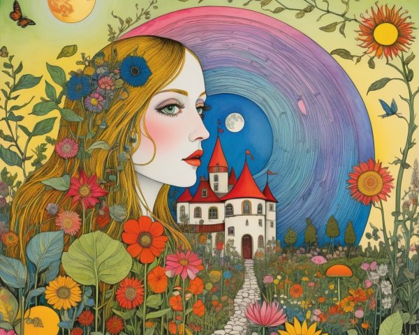 Art Nouveau Woman's Profile with Flowers and Butterflies