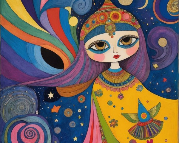 Whimsical Figure in Cosmic Background with Vibrant Colors