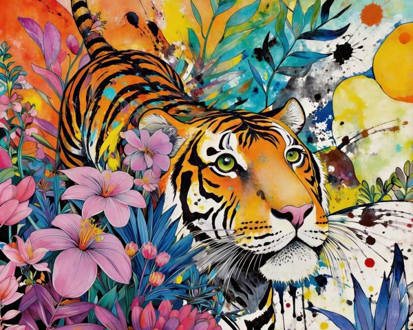 Vibrant Digital Painting of Tiger in Tropical Jungle