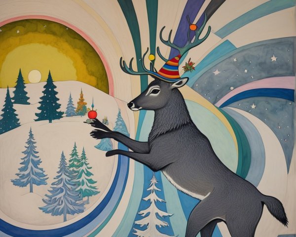 Whimsical Illustration of a Festive Reindeer Scene