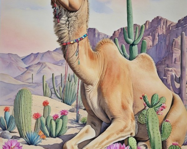 Watercolor Painting of a Camel in Desert Landscape