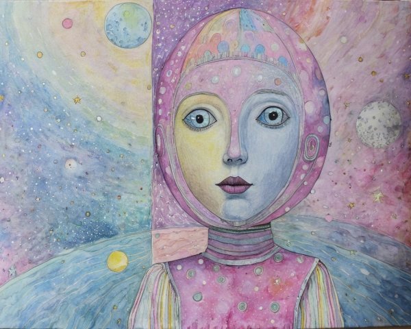 Whimsical Watercolor Illustration of a Cosmic Figure