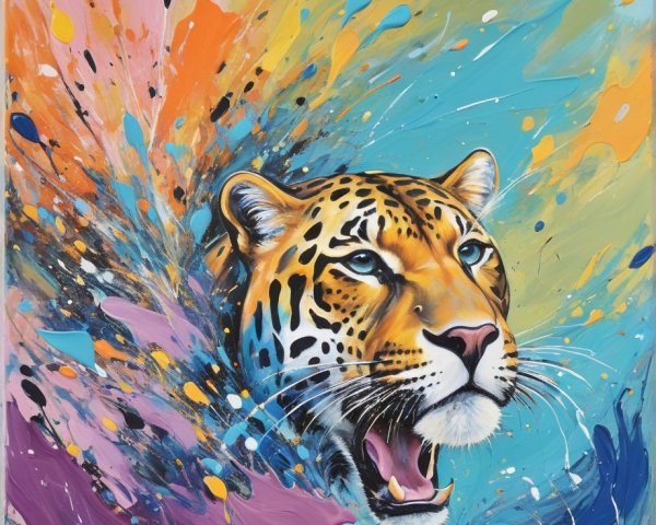 Vibrant Painting of a Roaring Leopard's Head