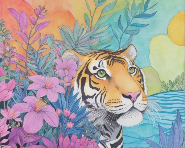 Watercolor Painting of a Tiger in Tropical Landscape