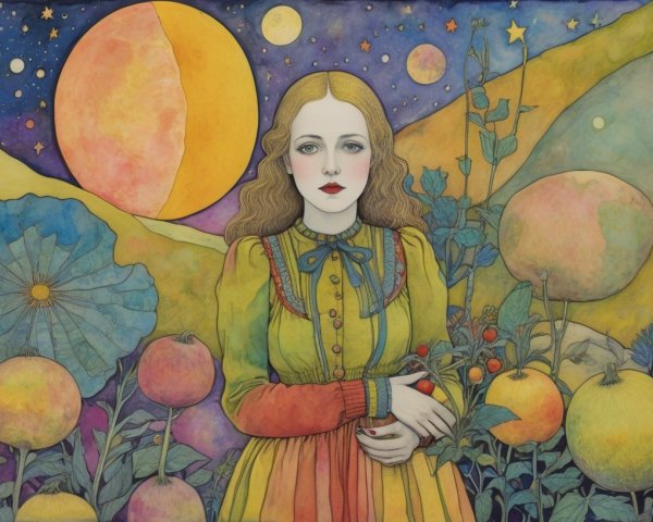 Young Woman in Vintage Dress Surrounded by Nature