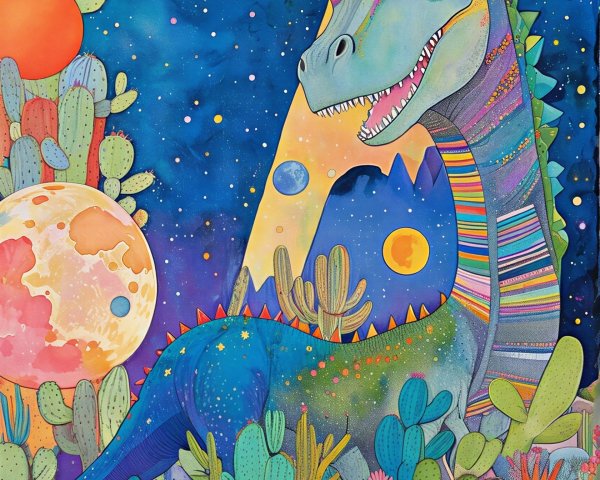 Cartoon Dinosaur in Whimsical Desert Landscape Painting