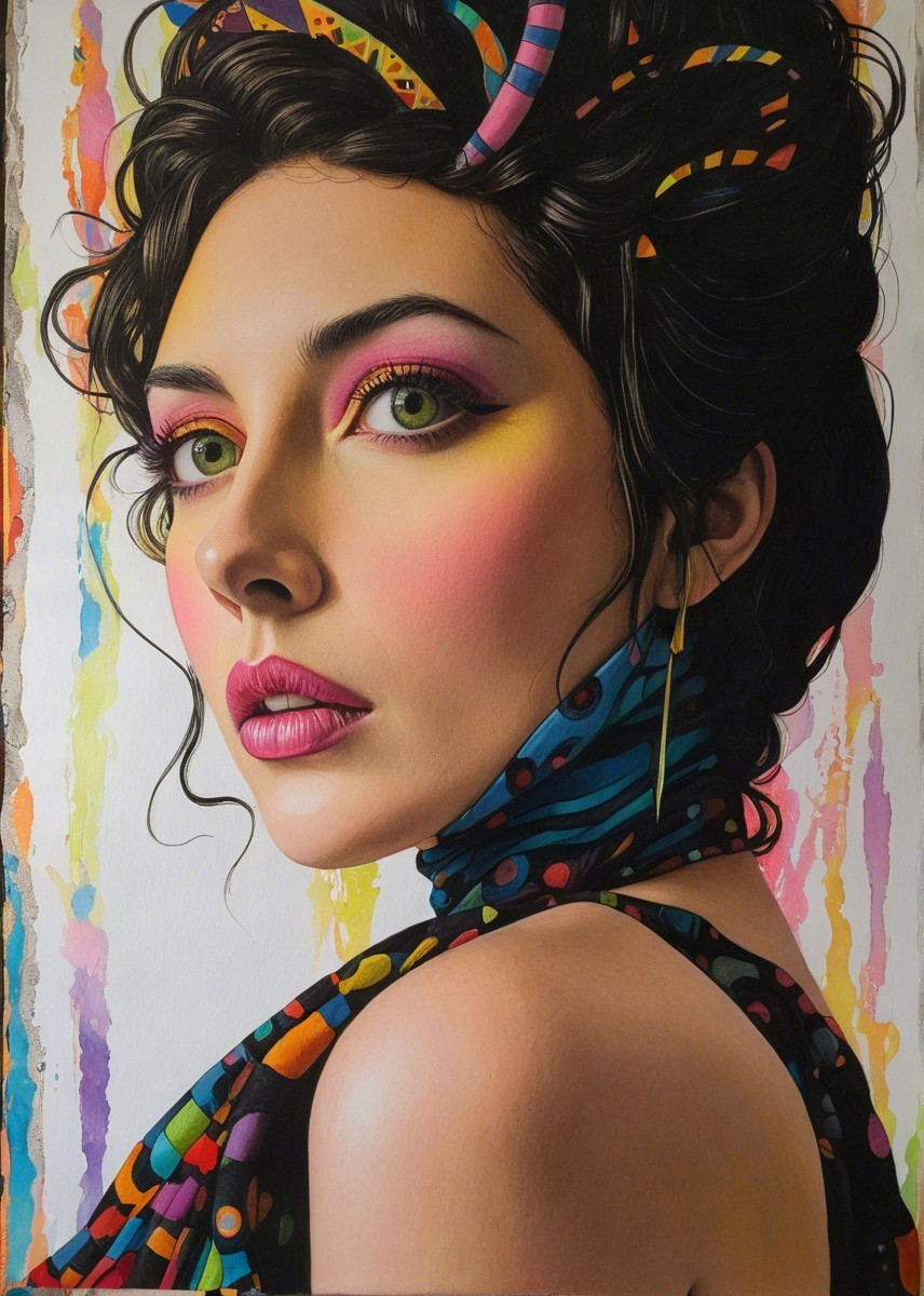 Vibrant Portrait of a Woman with Bold Makeup and Colors